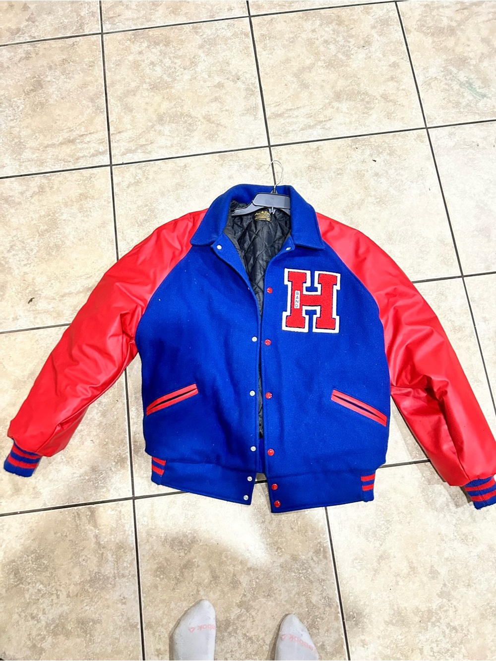 Men's Blue & Red Varsity Letterman Jacket with H Patch - Picture 2 of 8
